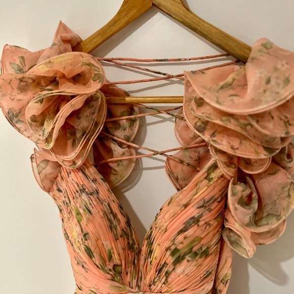 Mac Duggal Leena Ieena Floral Chiffon Ruffle Cut Out Lace Up Back Gown Dress 2 - Picture 7 of 9